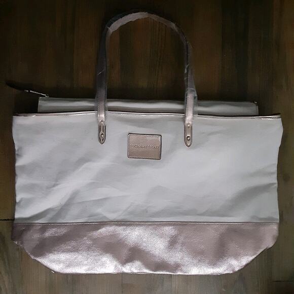 Victoria’s Secret Glam Canvas Rose Gold Trim Zipper Overnight Tote Bag READ - Picture 1 of 11